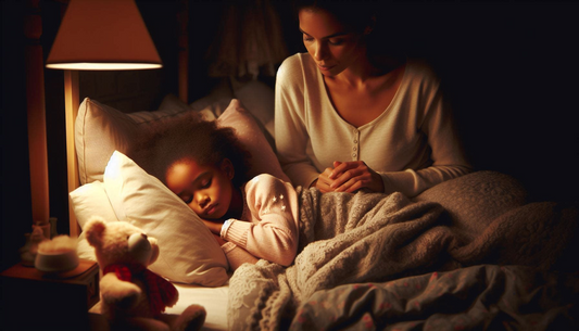 The image shows a child laying in bed with her mother next to her comforting her to sleep.