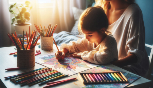 The image shows a girl child sitting on her mother's lap adn colouring on a sheet with different colour pencils scattered on the table.