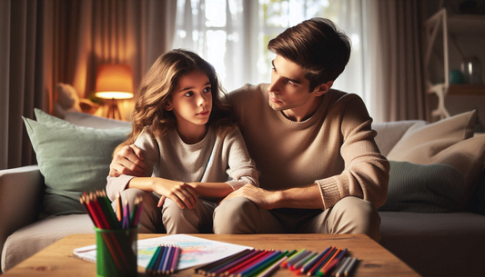 The image shows a father is comforting his daughter sitting in sofa with colouring sheet and pencils and giving her positive affirmation.