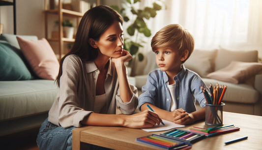 The Image shows a mother talking to her son while he is showing tantrums and the mother mother is making him talk to her through colouring.