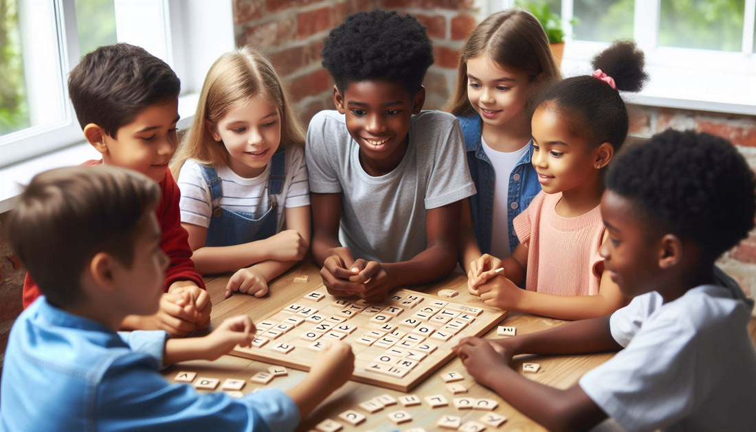The image shows a group of kids surrounding a table and playing word building.