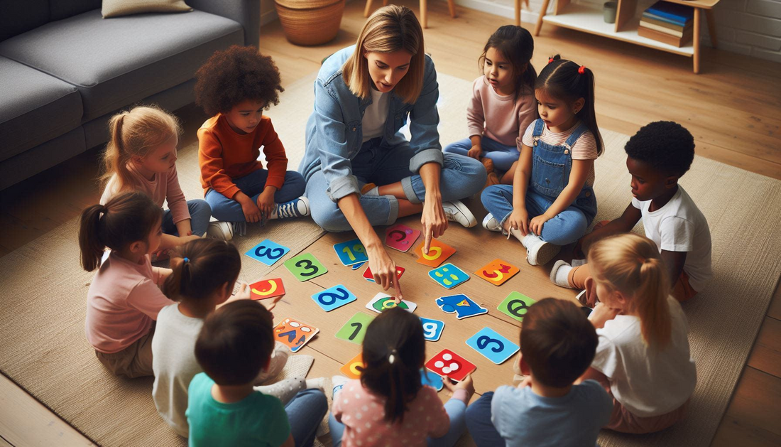 The image shows a kids sitting in circle with a teacher and doing activity on circle the smaller number