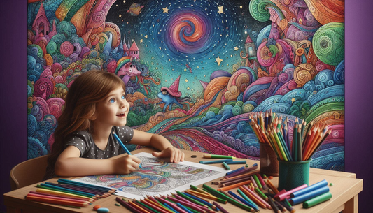 The Image shows a girl child colouring while imaging the colourful world with creativity.