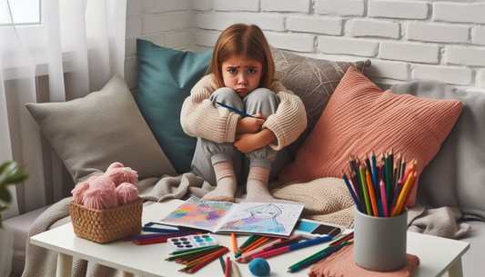 The Image shows a home background with a small girl sitting in sofa with a sad expression and her hands folded below her knees closer to her face with colouring sheet and materials lying around the table 