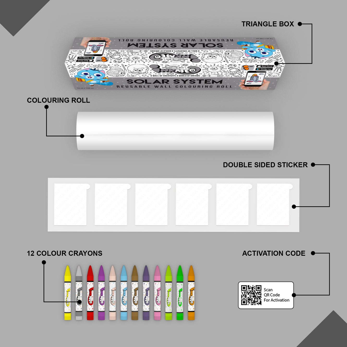 The image depicts a black background with a single triangular box, a coloring roll, 6 double-sided stickers, 12 colored crayons, and an activation code.