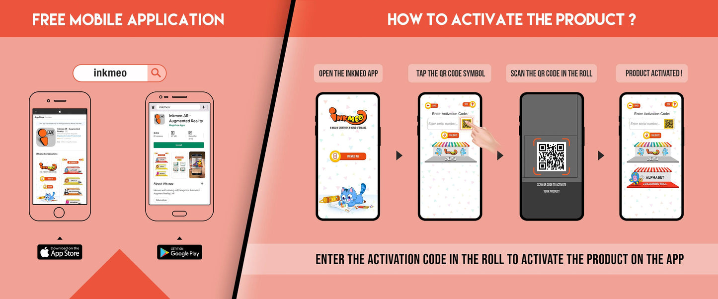 The image has a red background which is divided into two parts. The first part shows a free mobile application for downloading the Inkmeo app in the App Store and Google Store. The second part shows four mobile phones with the caption "To open the Inkmeo app, select your product category, select your product, and enter the code & click validate.