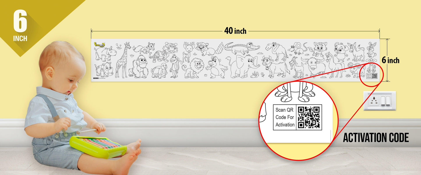 The image depicts a 6*40-inch roll adhered to the wall with a baby playing nearby, and the activation code is zoomed in separately.