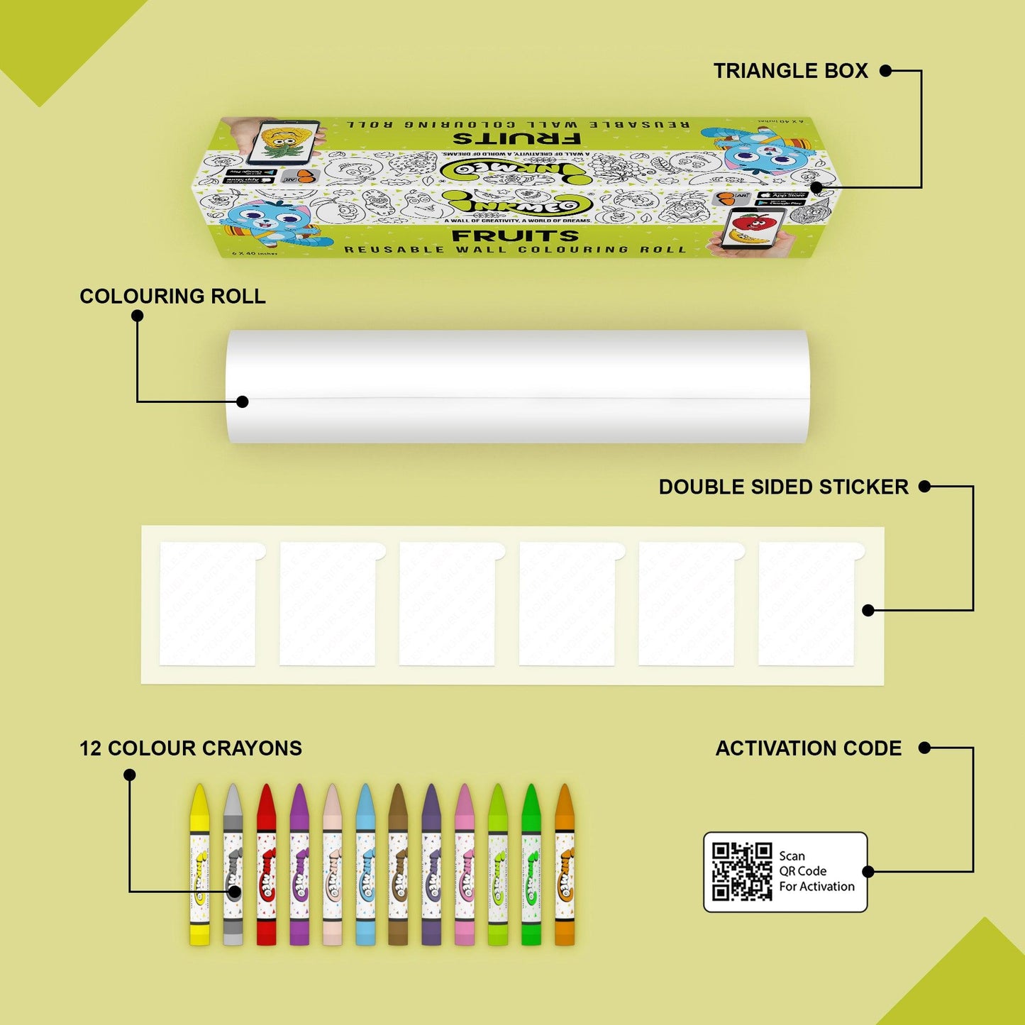 The image depicts a green background with a single triangular box, a coloring roll, 6 double-sided stickers, 12 colored crayons, and an activation code.