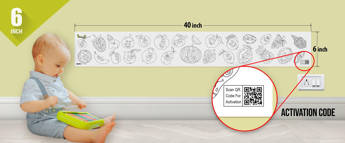 The image depicts a 6*40-inch roll adhered to the wall with a baby playing nearby, and the activation code is zoomed in separately