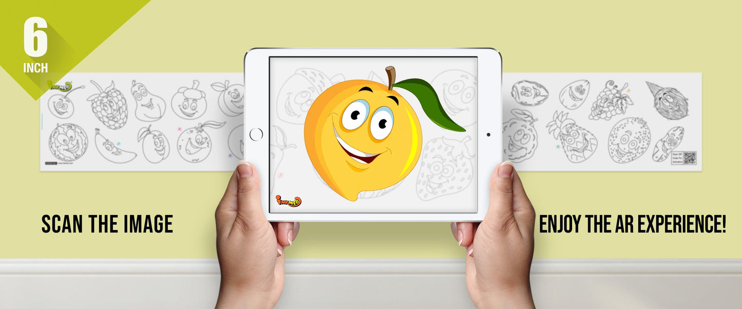 The image depicts two hands holding a tablet displaying a picture from a sheet attached to the wall. The description encourages scanning the image to enjoy the AR experience.