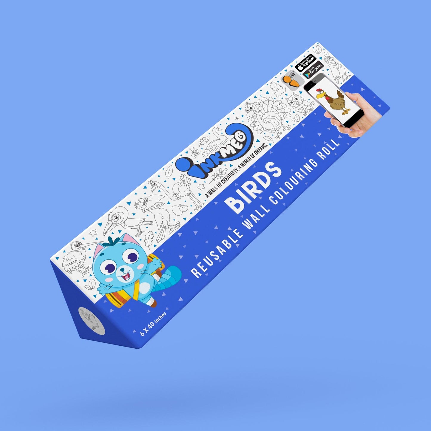 The image shows a blue backdrop with a 6*40 inches  Inkmeo birds triangular box placed in the center.