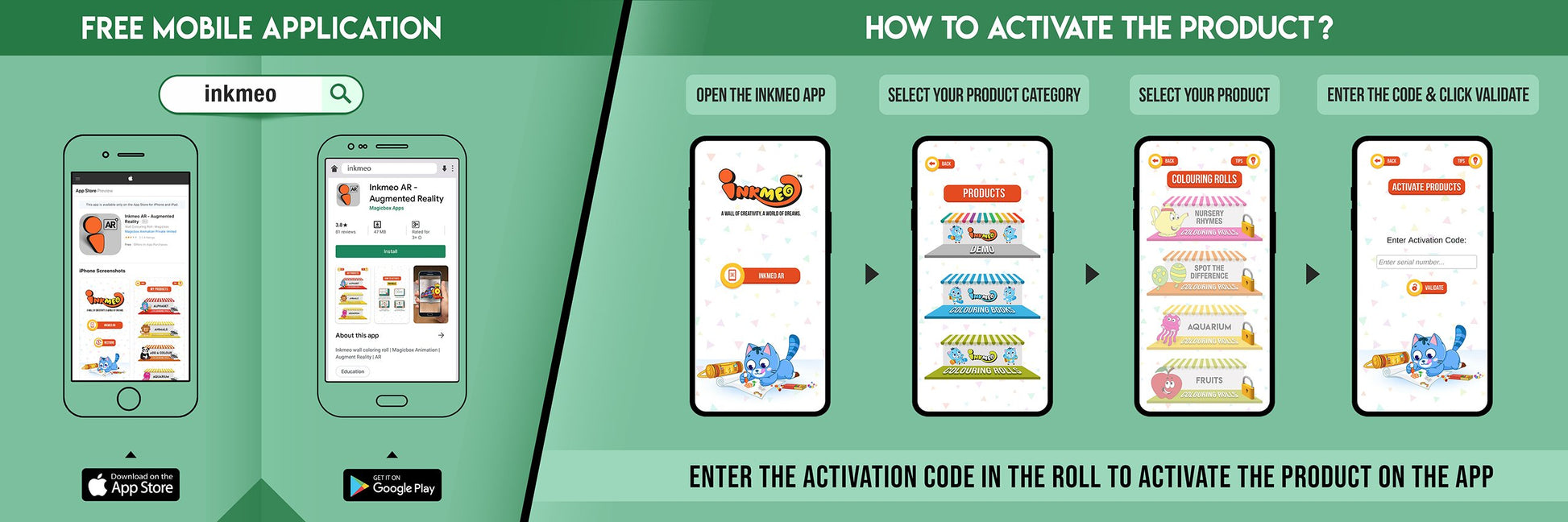 The image features a green background split into two sections. The first showcases a free mobile app to download Inkmeo from the App Store and Google Store. The second displays four phones with the text "To access the Inkmeo app, tap the QR code icon, scan the QR code on the package, and activate the product." 