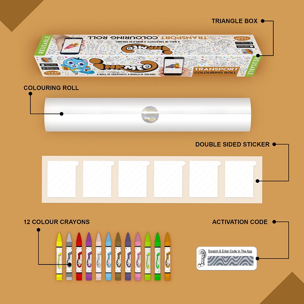 The image depicts a brown background with a single triangular box, a coloring roll, 6 double-sided stickers, 12 colored crayons, and an activation code.