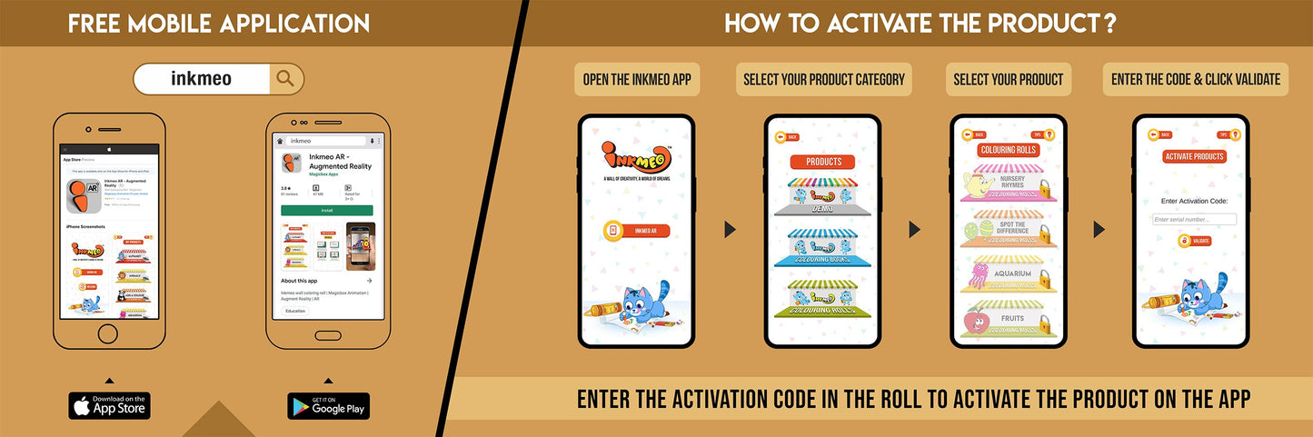 The image has a brown background which is divided into two parts. The first part shows a free mobile application for downloading the Inkmeo app in the App Store and Google Store. The second part shows four mobile phones with the caption "To open the Inkmeo app, select your product category, select your product, and enter the code & click validate.