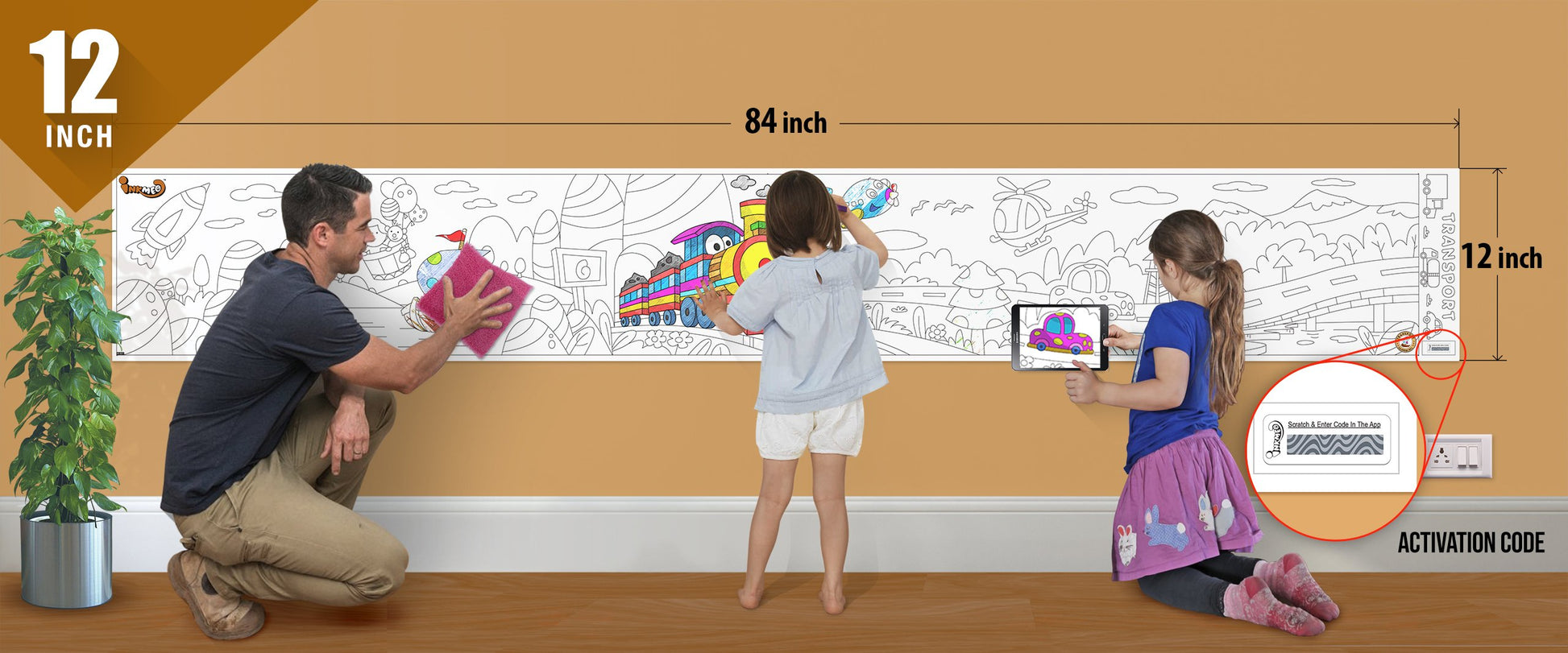 The image depicts a father and his two daughters enjoying a bonding moment while colouring transport sheet attached to the wall.