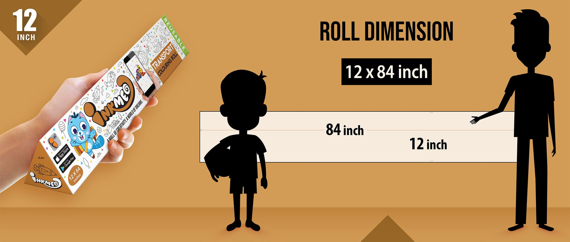The image shows a brown background with a ruler indicating child and adult height on an 12*84 inch paper roll dimension.