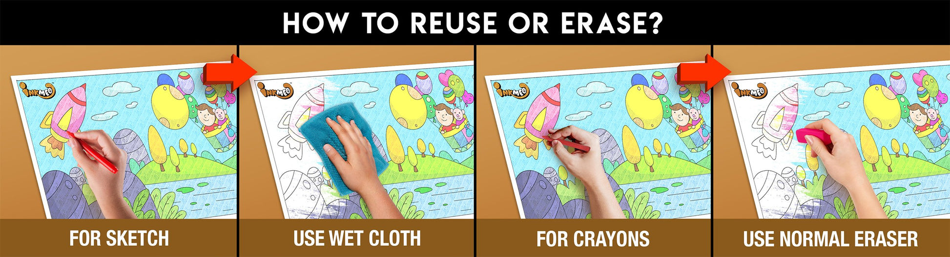 The image has a brown background with four pictures demonstrating how to reuse or erase: the first picture depicts sketching on the transport sheet, the second shows using a wet cloth to remove sketches, the third image displays crayons colouring on the transport sheet, and the fourth image illustrates erasing crayons with a regular eraser.