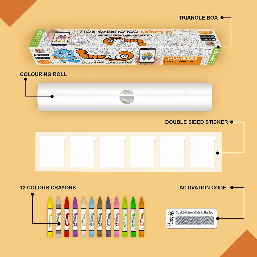 The image depicts an orange background with a single triangular box, a colouring roll, 6 double-sided stickers, 12 coloured crayons, and an activation code.
