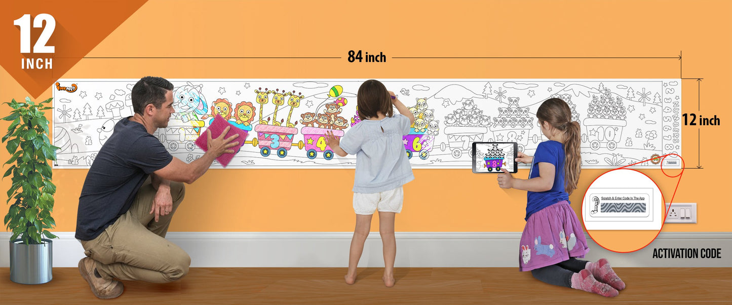 The image depicts a father and his two daughters enjoying a bonding moment while colouring numbers sheet attached to the wall.