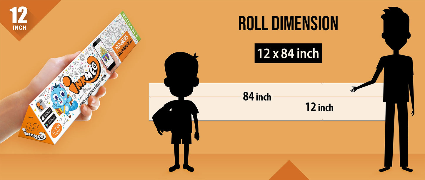 The image shows an orange background with a ruler indicating child and adult height on an 12*84 inch paper roll dimension.