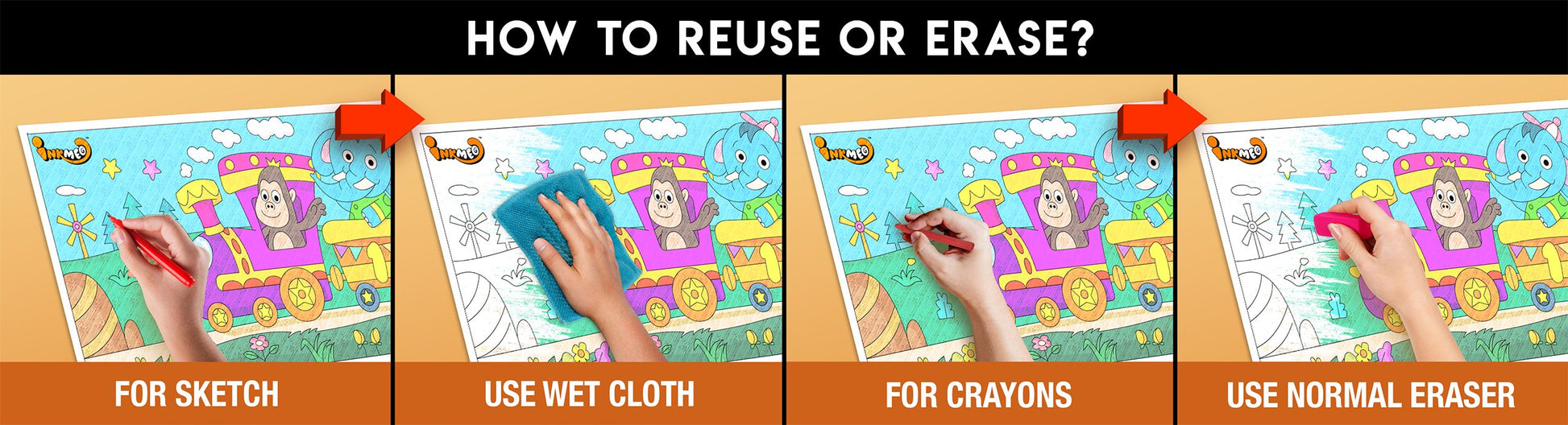 The image has an orange background with four pictures demonstrating how to reuse or erase: the first picture depicts sketching on the numbers sheet, the second shows using a wet cloth to remove sketches, the third image displays crayons colouring on the numbers sheet, and the fourth image illustrates erasing crayons with a regular eraser.
