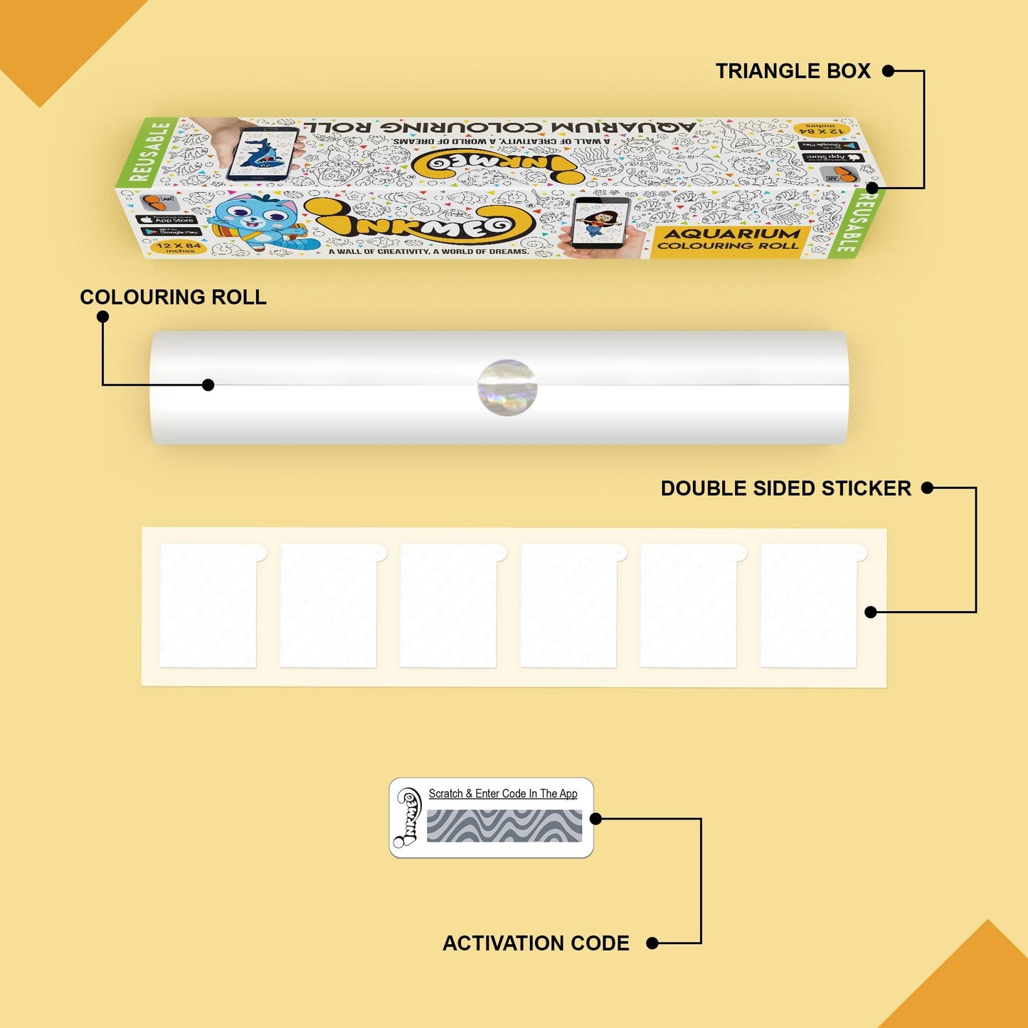 The image depicts a yellow background with a single triangular box, a coloring roll, 6 double-sided stickers, 12 colored crayons, and an activation code.