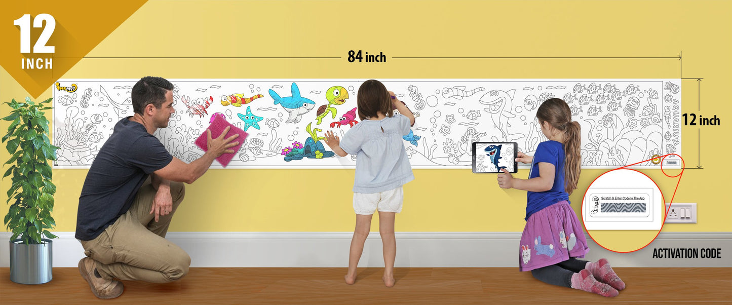 The image depicts a father and his two daughters enjoying a bonding moment while colouring aquarium sheet attached to the wall.