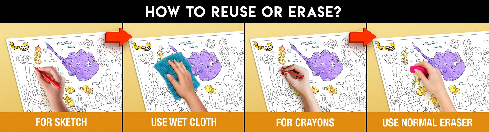The image has a yellow background with four pictures demonstrating how to reuse or erase: the first picture depicts sketching on the aquarium sheet, the second shows using a wet cloth to remove sketches, the third image displays crayons colouring on the aquarium sheet, and the fourth image illustrates erasing crayons with a regular eraser.