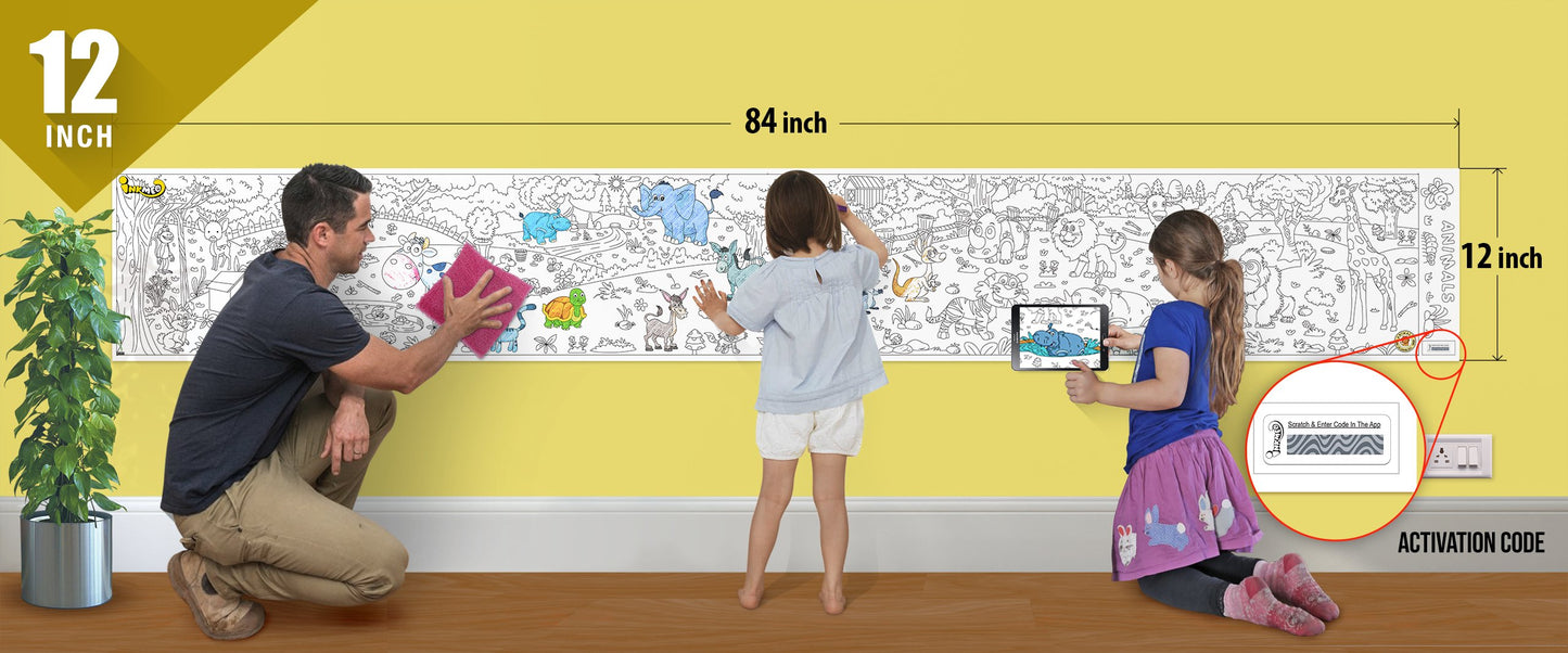 The image depicts a father and his two daughters enjoying a bonding moment while colouring animlas sheet attached to the wall.