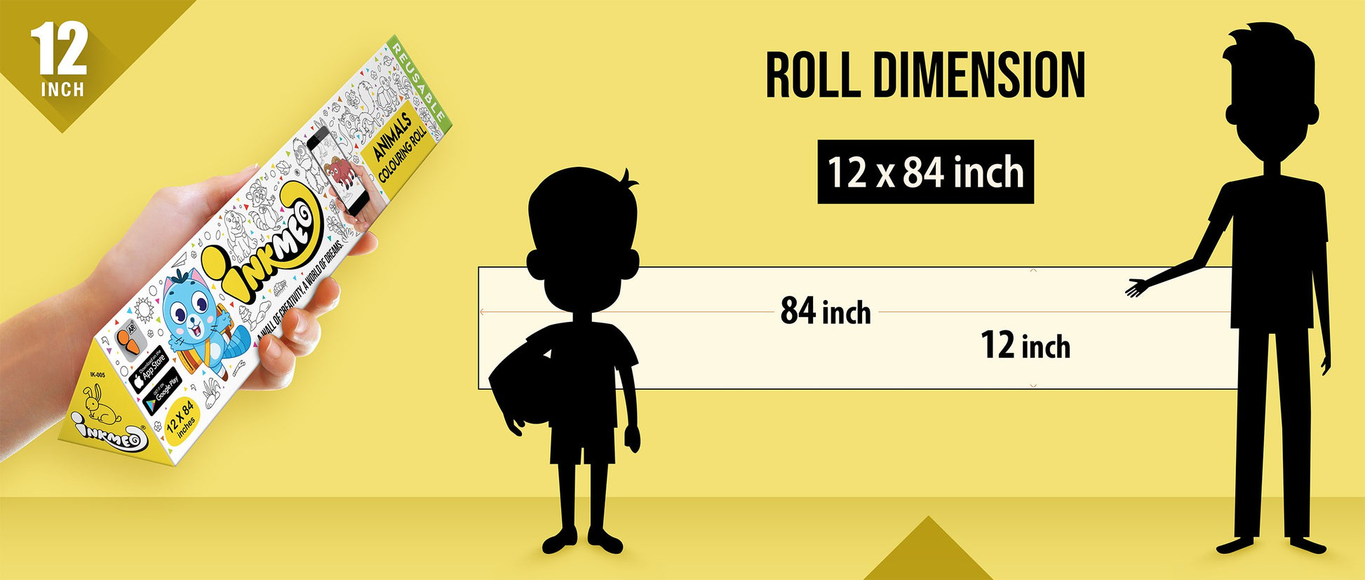 The image shows a yellow background with a ruler indicating child and adult height on an 12*84 inch paper roll dimension.