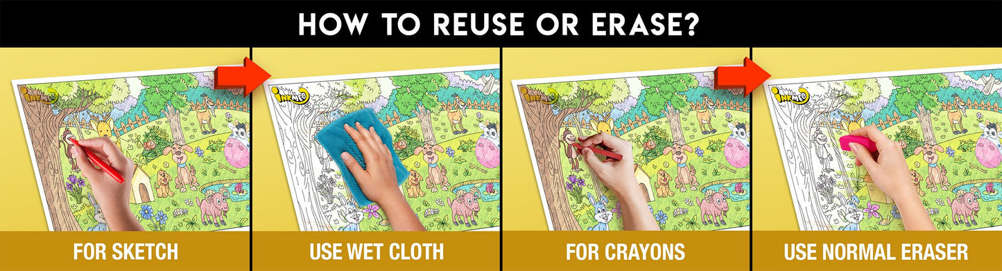 The image has a yellow background with four pictures demonstrating how to reuse or erase: the first picture depicts sketching on the animals sheet, the second shows using a wet cloth to remove sketches, the third image displays crayons colouring on the animals sheet, and the fourth image illustrates erasing crayons with a regular eraser.