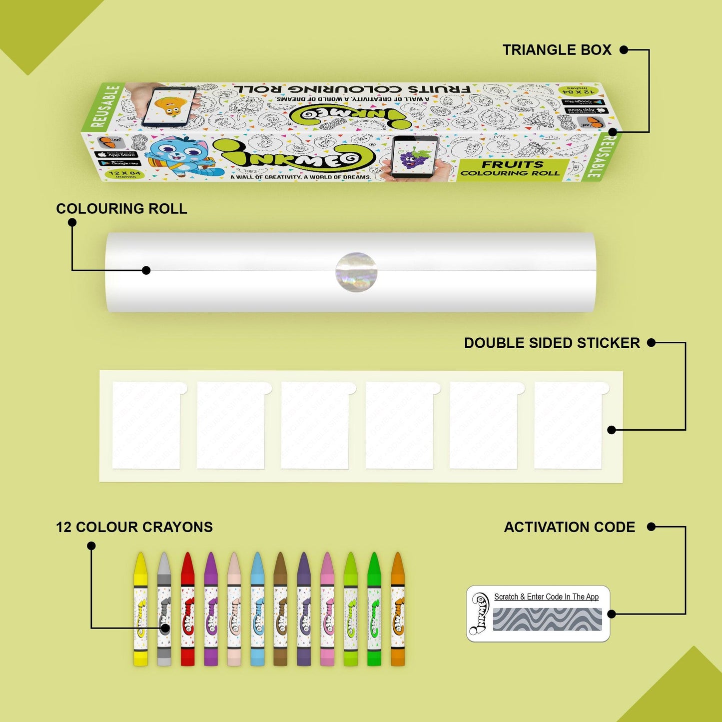 The image depicts a green background with a single triangular box, a coloring roll, 6 double-sided stickers, 12 colored crayons, and an activation code.