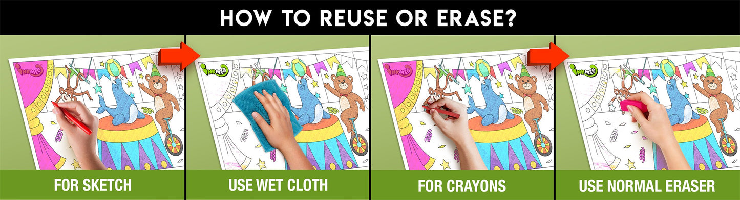 The image has a green background with four pictures demonstrating how to reuse or erase: the first picture depicts sketching on the fruits sheet, the second shows using a wet cloth to remove sketches, the third image displays crayons colouring on the fruits sheet, and the fourth image illustrates erasing crayons with a regular eraser.