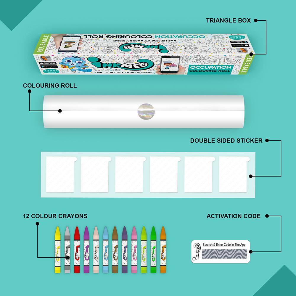 The image depicts a green background with a single triangular box, a coloring roll, 6 double-sided stickers, 12 colored crayons, and an activation code.