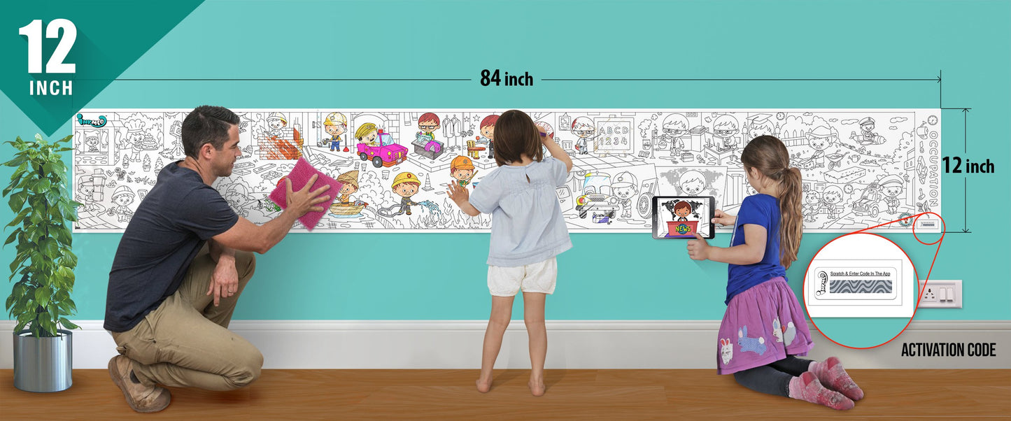 The image depicts a father and his two daughters enjoying a bonding moment while colouring occupation sheet attached to the wall.