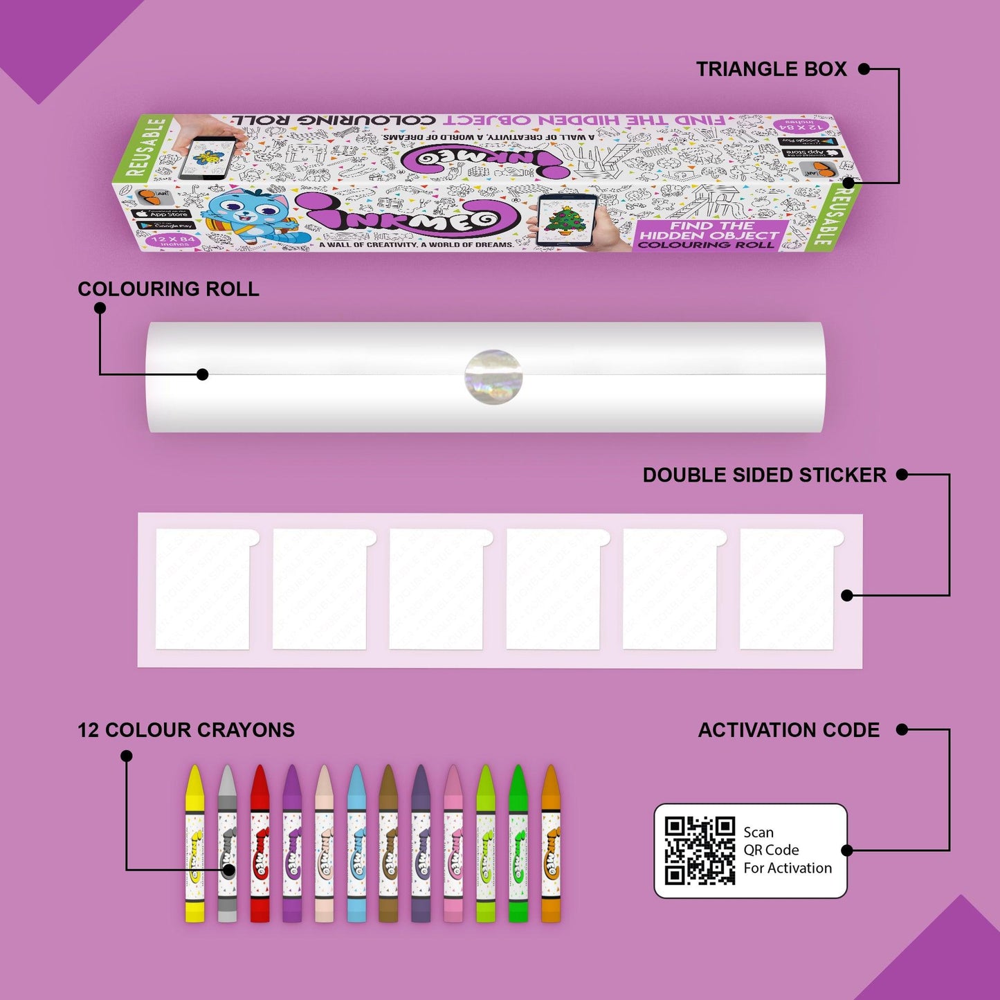 The image depicts a purple background with a single triangular box, a coloring roll, 6 double-sided stickers, 12 colored crayons, and an activation code