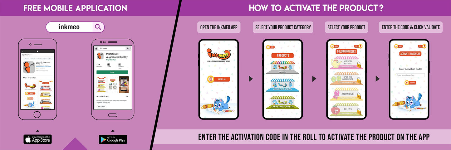 The image has a purple background which is divided into two parts. The first part shows a free mobile application for downloading the Inkmeo app in the App Store and Google Store. The second part shows four mobile phones with the caption "To open the Inkmeo app, select your product category, select your product, and enter the code & click validate.