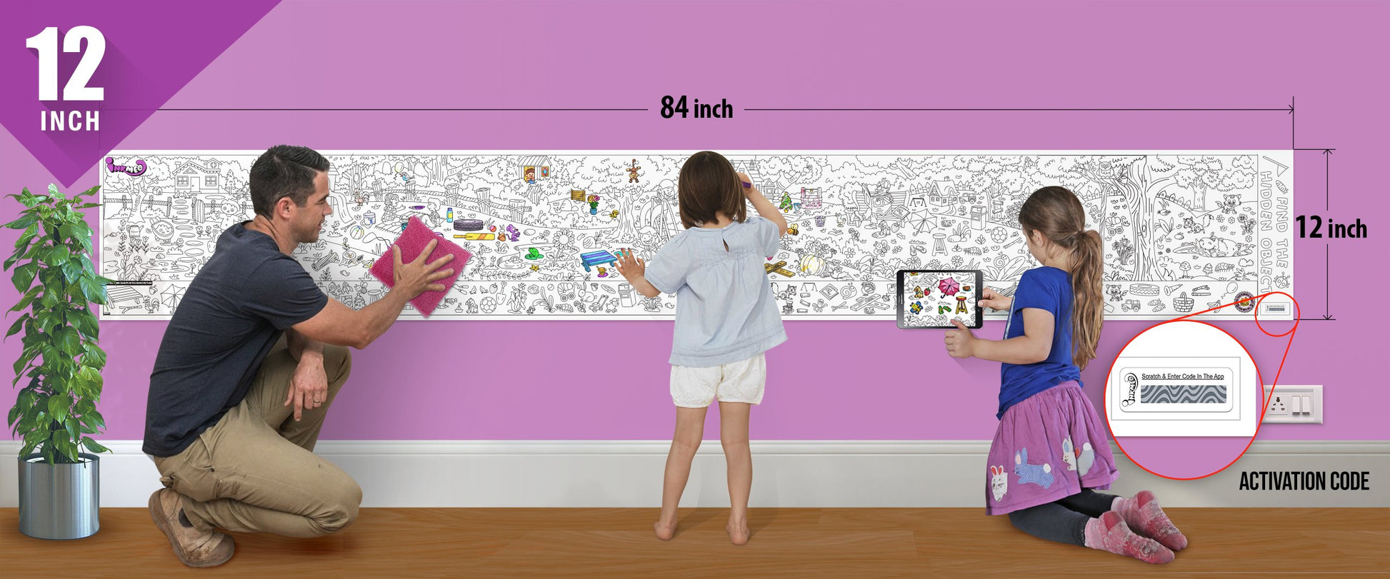 The image depicts a father and his two daughters enjoying a bonding moment while colouring find the hidden objects sheet attached to the wall.