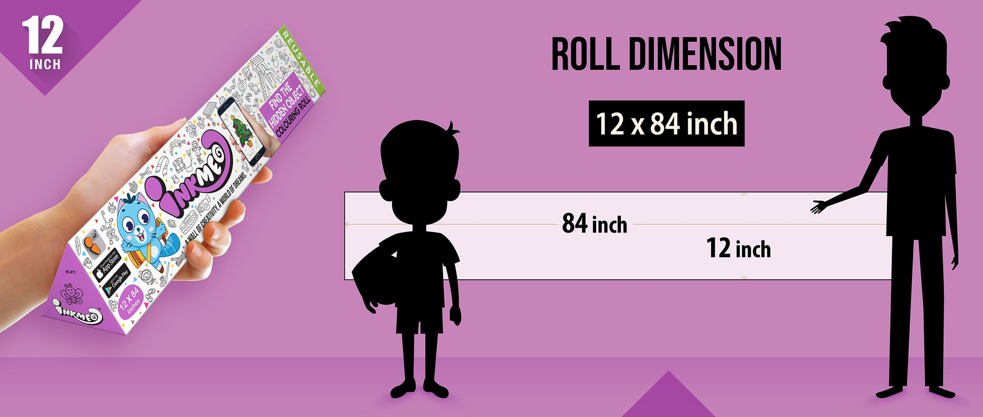 The image shows a purple background with a ruler indicating child and adult height on an 12*84 inch paper roll dimension.