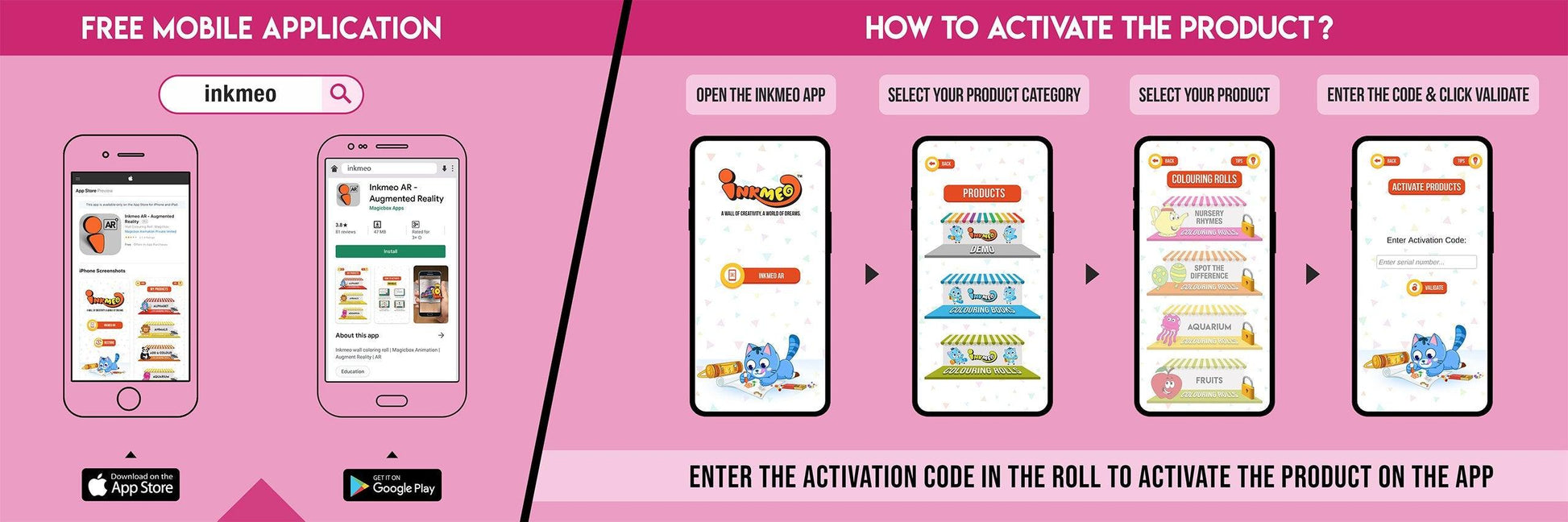 The image has a pink background which is divided into two parts. The first part shows a free mobile application for downloading the Inkmeo app in the App Store and Google Store. The second part shows four mobile phones with the caption "To open the Inkmeo app, select your product category, select your product, and enter the code & click validate.