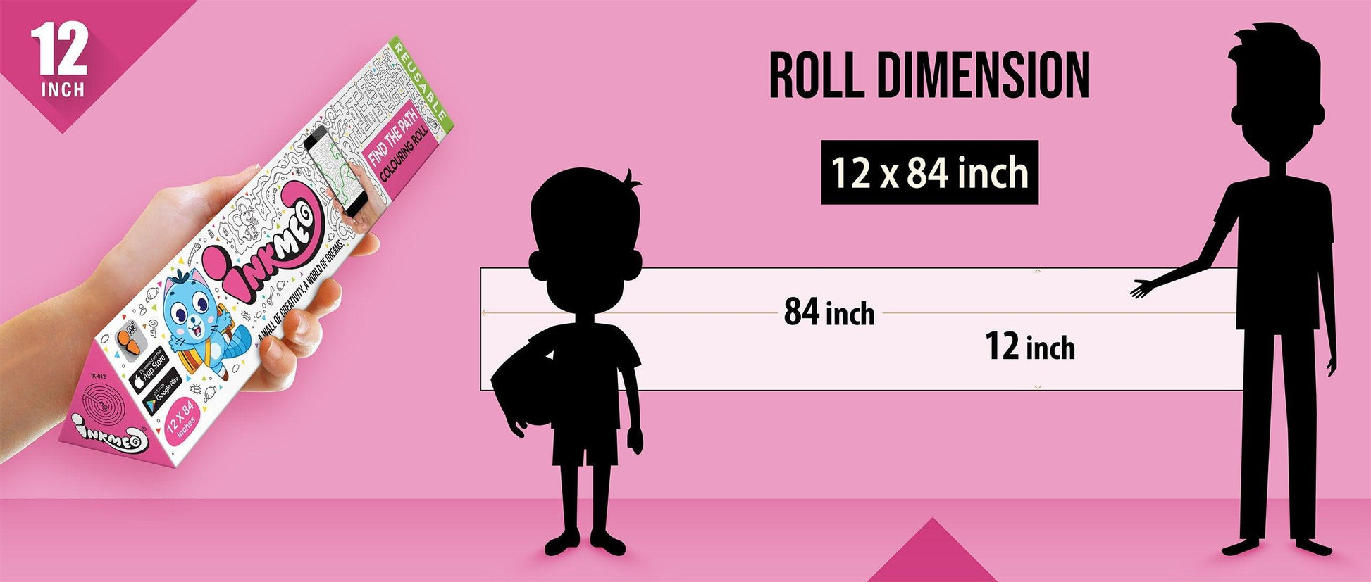 The image shows a pink background with a ruler indicating child and adult height on an 12*84 inch paper roll dimension.