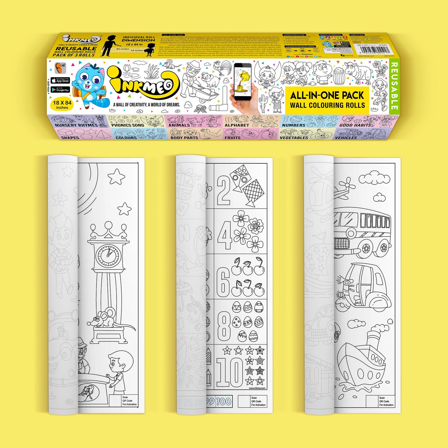 The image shows a yellow background with a large yellow box at the top. Below, there are three partially opened rolls with pictures on paper.