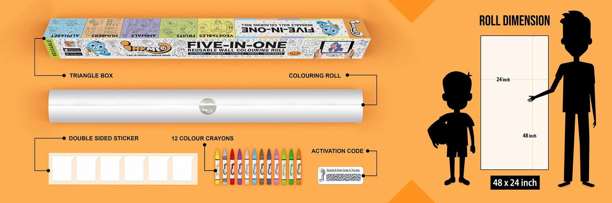 The image illustrates a lavender background with Triangle box, colouring roll, 6 double tape, 12 colour crayons and activation code. and next to that the roll dimention is mentioned as 24*48 inches in size with child ad adult height reference