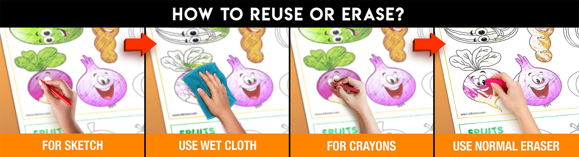 The image has an orange background with four pictures demonstrating how to reuse or erase: the first picture depicts sketching on the sheet, the second shows using a wet cloth to remove sketches, the third image displays crayons coloring on the sheet, and the fourth image illustrates erasing crayons with a regular eraser.