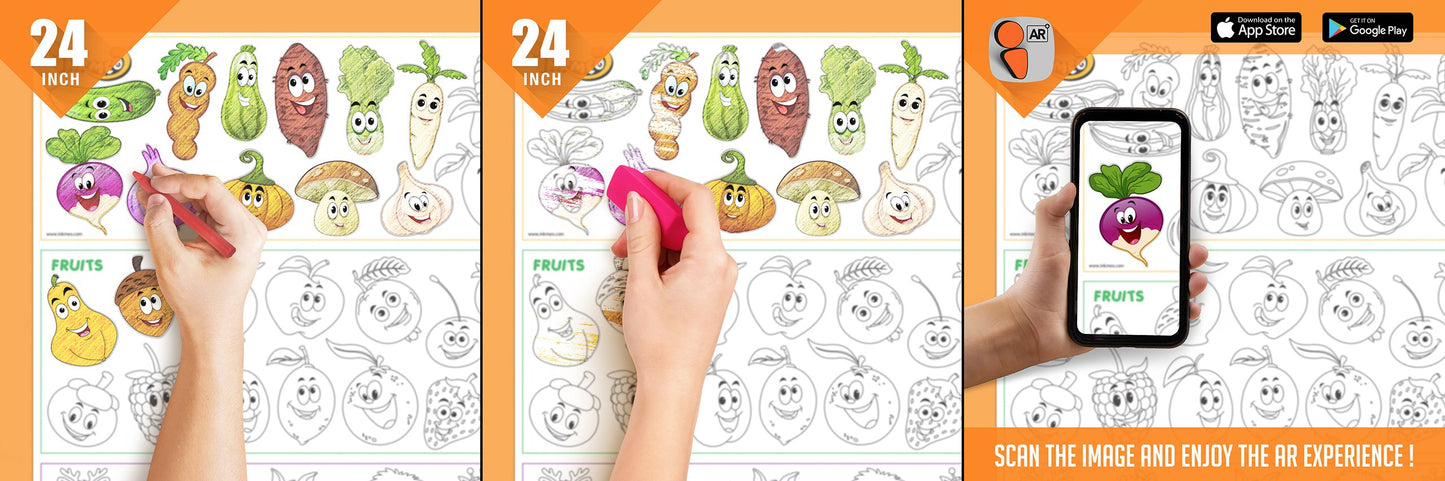 The image displays three pictures: the first one shows a hand colouring hindi rhymes roll, the second one depicts the color being erased from the board, and the third one features a hand holding a mobile phone in front of the fruits and vegetables picture