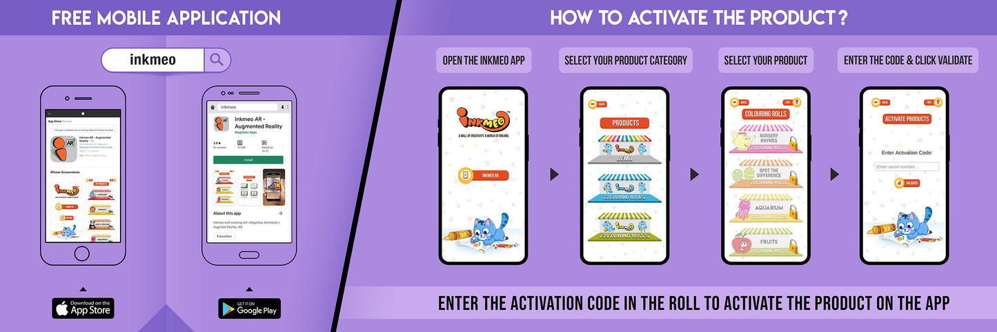 The image has a lavender background which is divided into two parts. The first part shows a free mobile application for downloading the Inkmeo app in the App Store and Google Store. The second part shows four mobile phones with the caption "To open the Inkmeo app, select your product category, select your product, and enter the code & click validate.