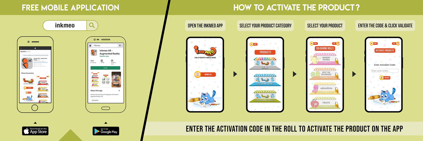 The image features a green background split into two sections. The first showcases a free mobile app to download Inkmeo from the App Store and Google Store. The second displays four phones with the text "To access the Inkmeo app, tap the QR code icon, scan the QR code on the package, and activate the product."