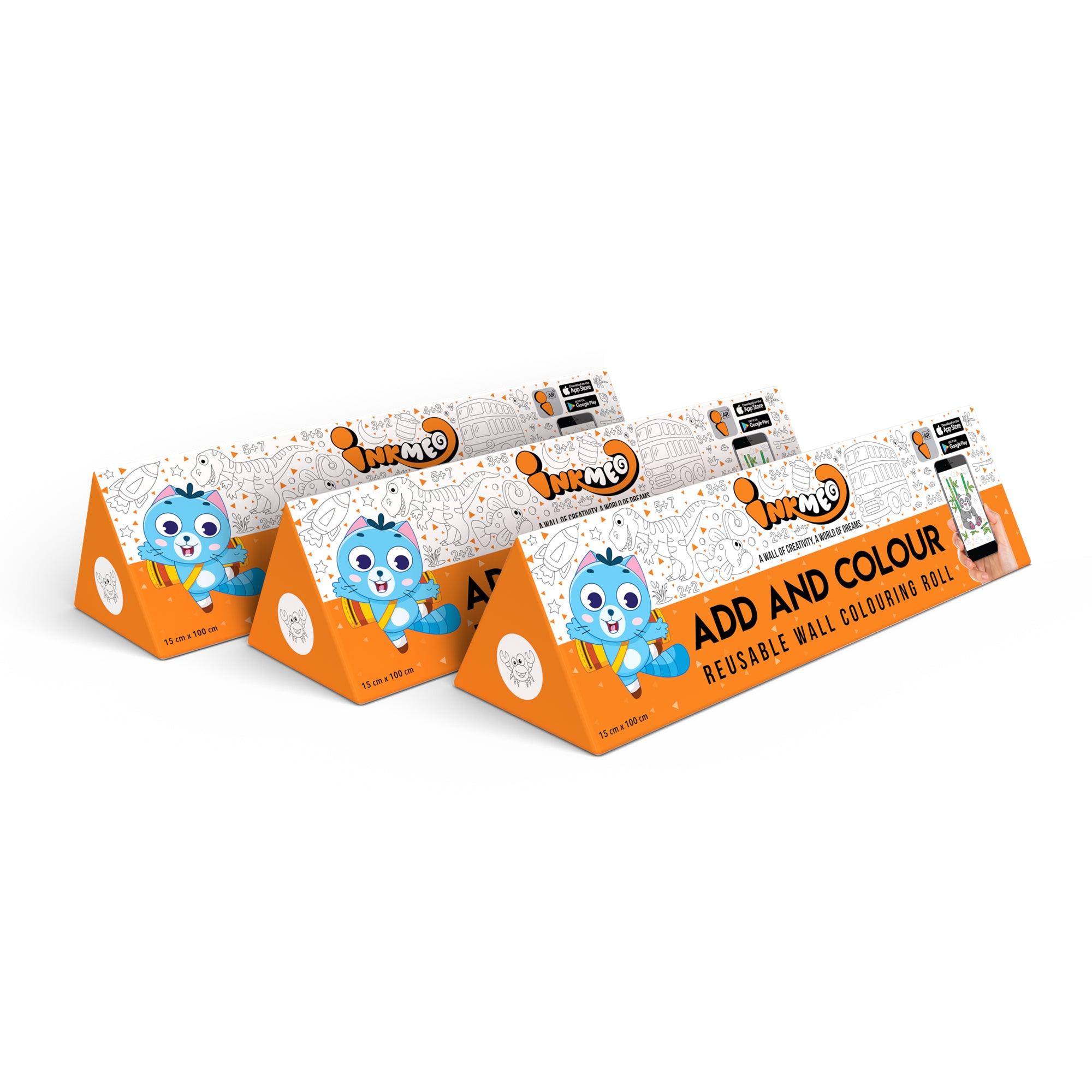 The image shows a white background with a pack of 3 add and colour triangular boxes aligned diagonally.