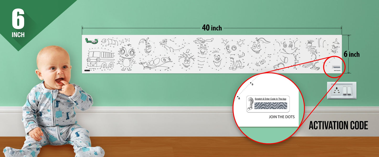 The image depicts a 6*40-inches roll adhered to the wall with a baby playing nearby, and the activation code is zoomed in separately.