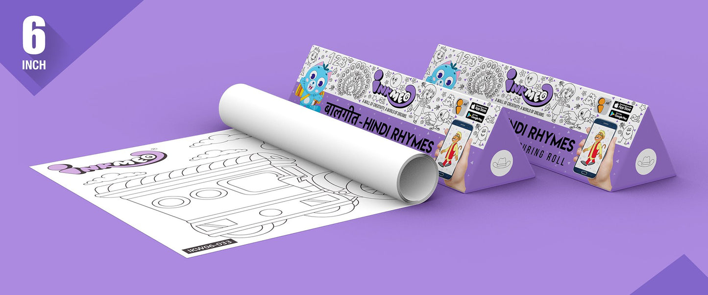 The image depicts two 6*40-inch lavender triangular hindi rhymes boxes placed alongside each other, with a sheet rolled out next to them.